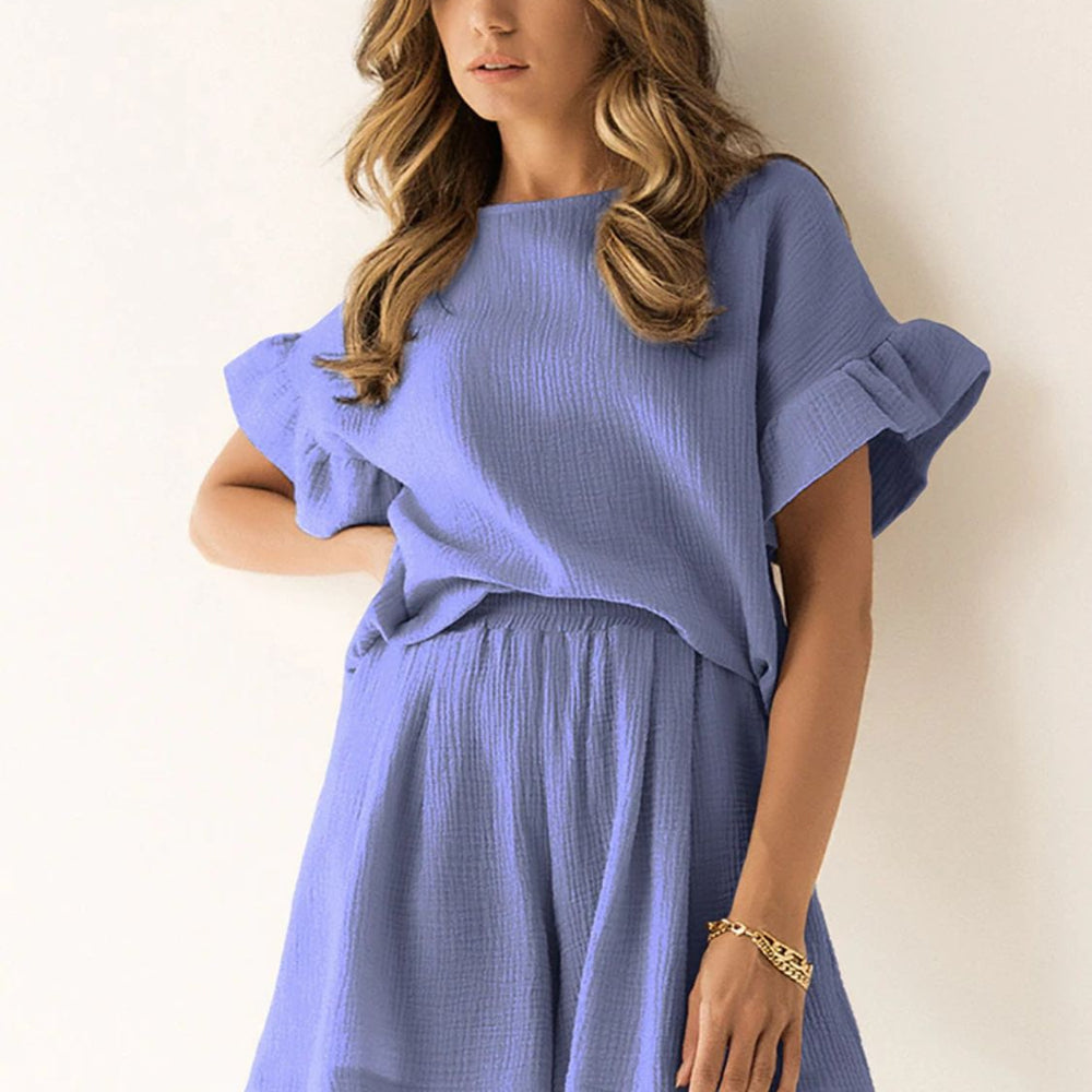 Ruffled Round Neck Top and Shorts Set