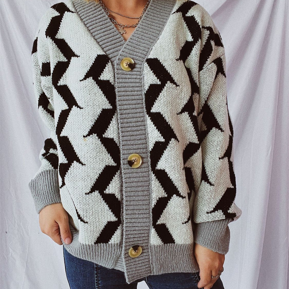 
                      
                        Contrast Trim Geometric V-Neck Long Sleeve Cardigan
                      
                    