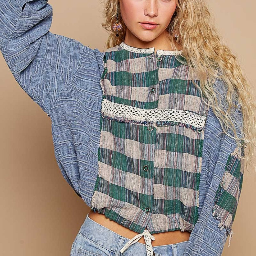 Round Neck Long Sleeve Plaid Shirt