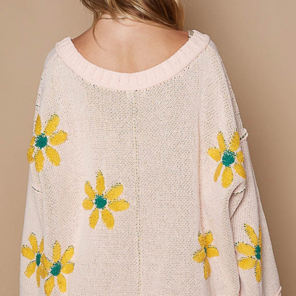 V-Neck Floral Pattern Chenille Sweater