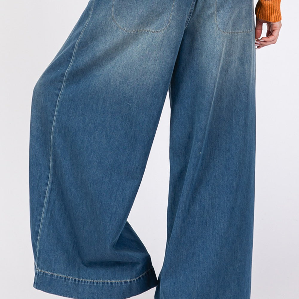 Smocked Waist Band Wide Leg Jeans