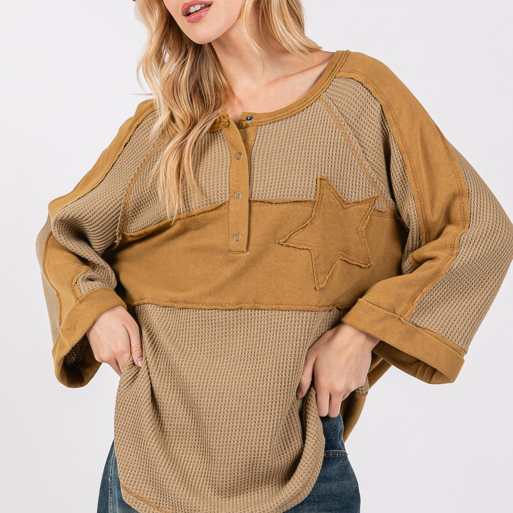 Star Applique Patch Exposed Seam Waffle Knit Top