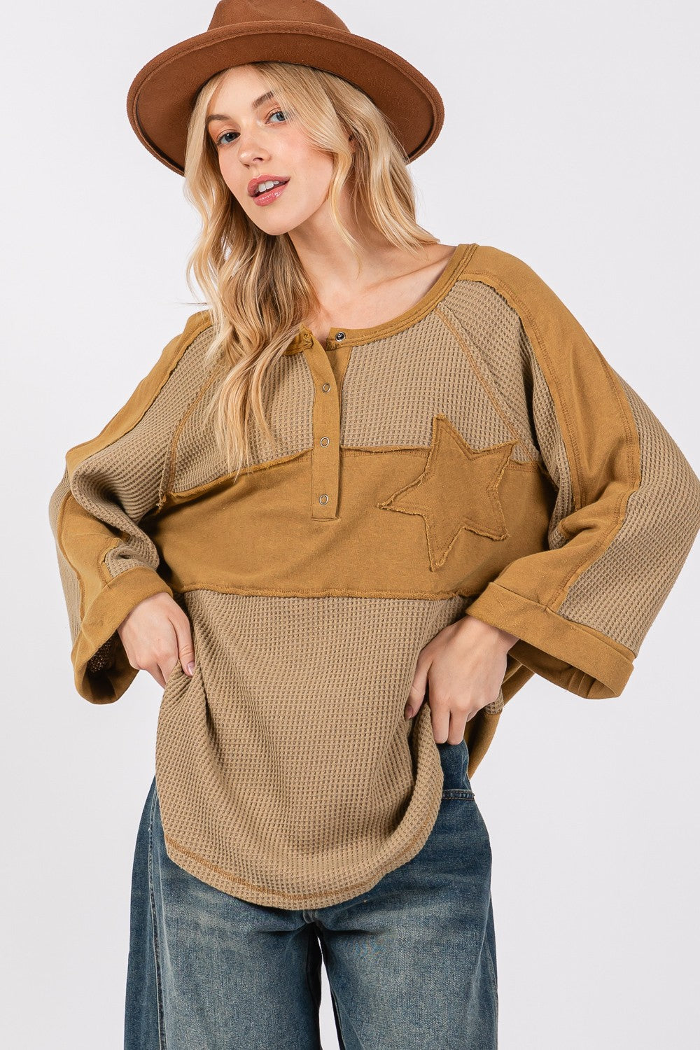 Star Applique Patch Exposed Seam Waffle Knit Top