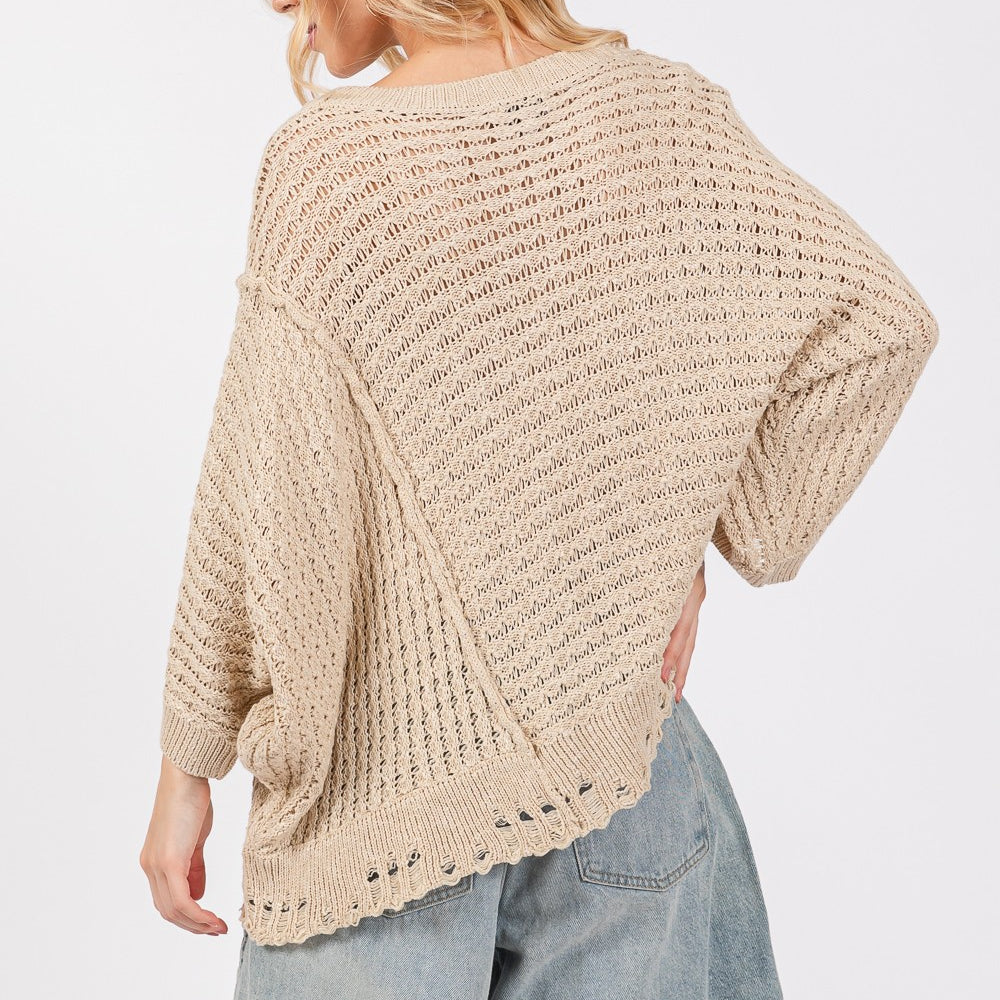 Distressed Asymmetrical Open Stitch Sweater