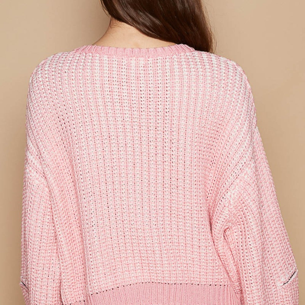 Round Neck Heart Patch Zipper Point Sleeve Sweater