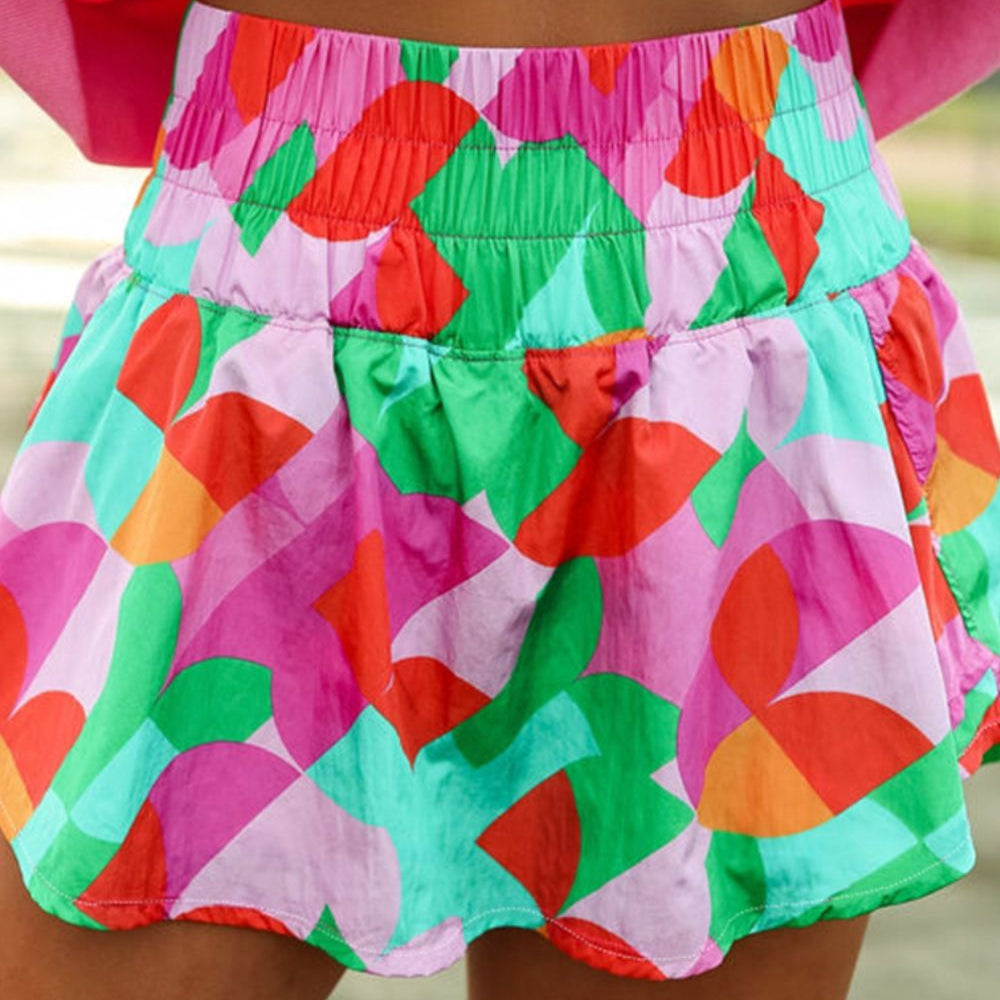 Smocked Contrast Print High Waist Skort