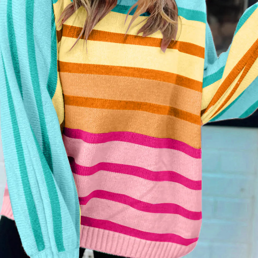 
                      
                        Contrast Striped Round Neck Long Sleeve Knit Top
                      
                    