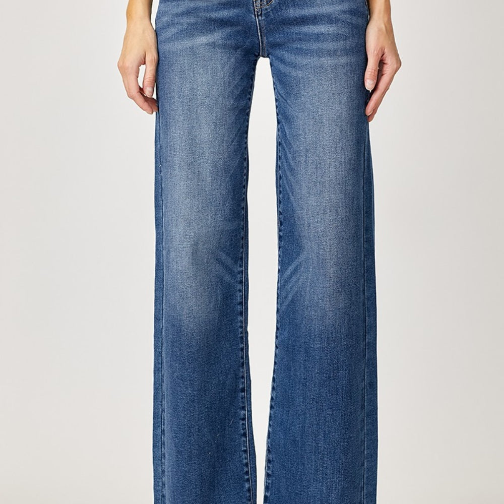 Risen Full Size High Rise Frayed Hem Wide Leg Jeans