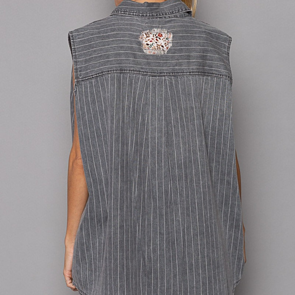 
                      
                        Button Down Sleeveless Striped Denim Shirt
                      
                    