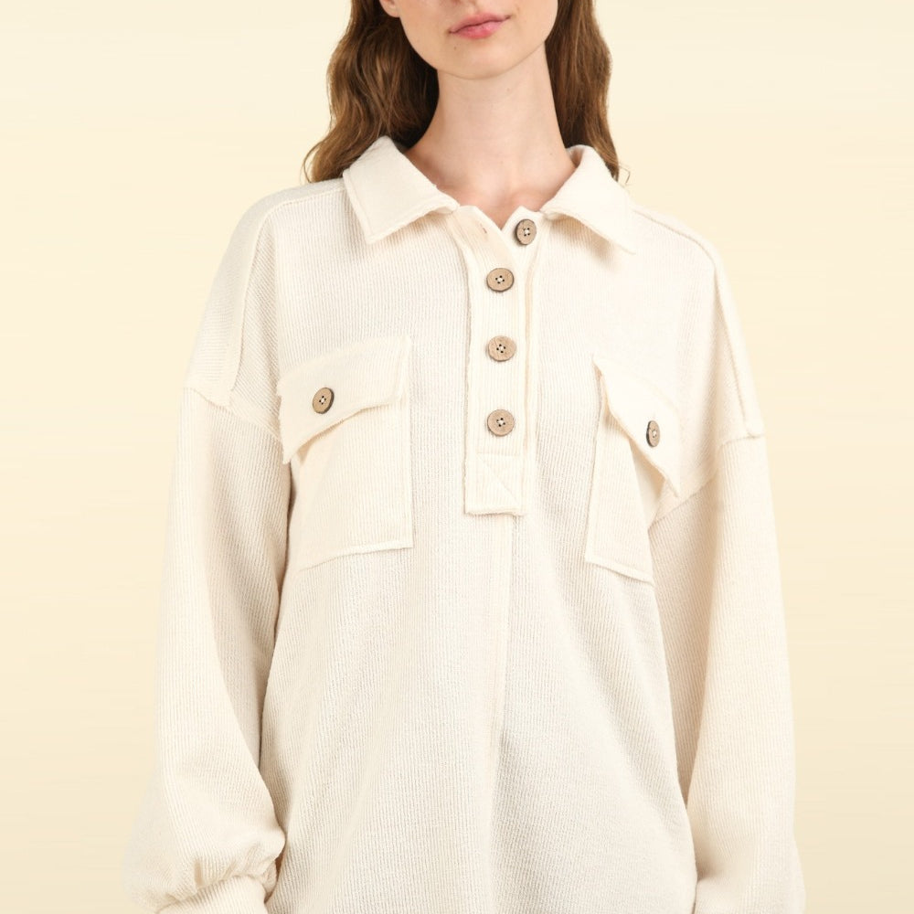 Collared Half Button Knit Top with Pockets