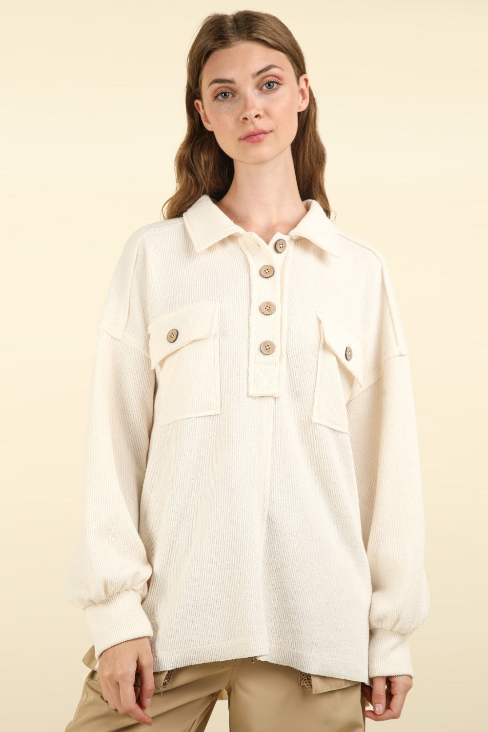 Collared Half Button Knit Top with Pockets