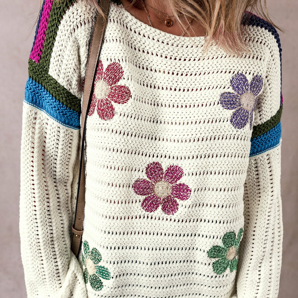 Flower Round Neck Long Sleeve Sweater