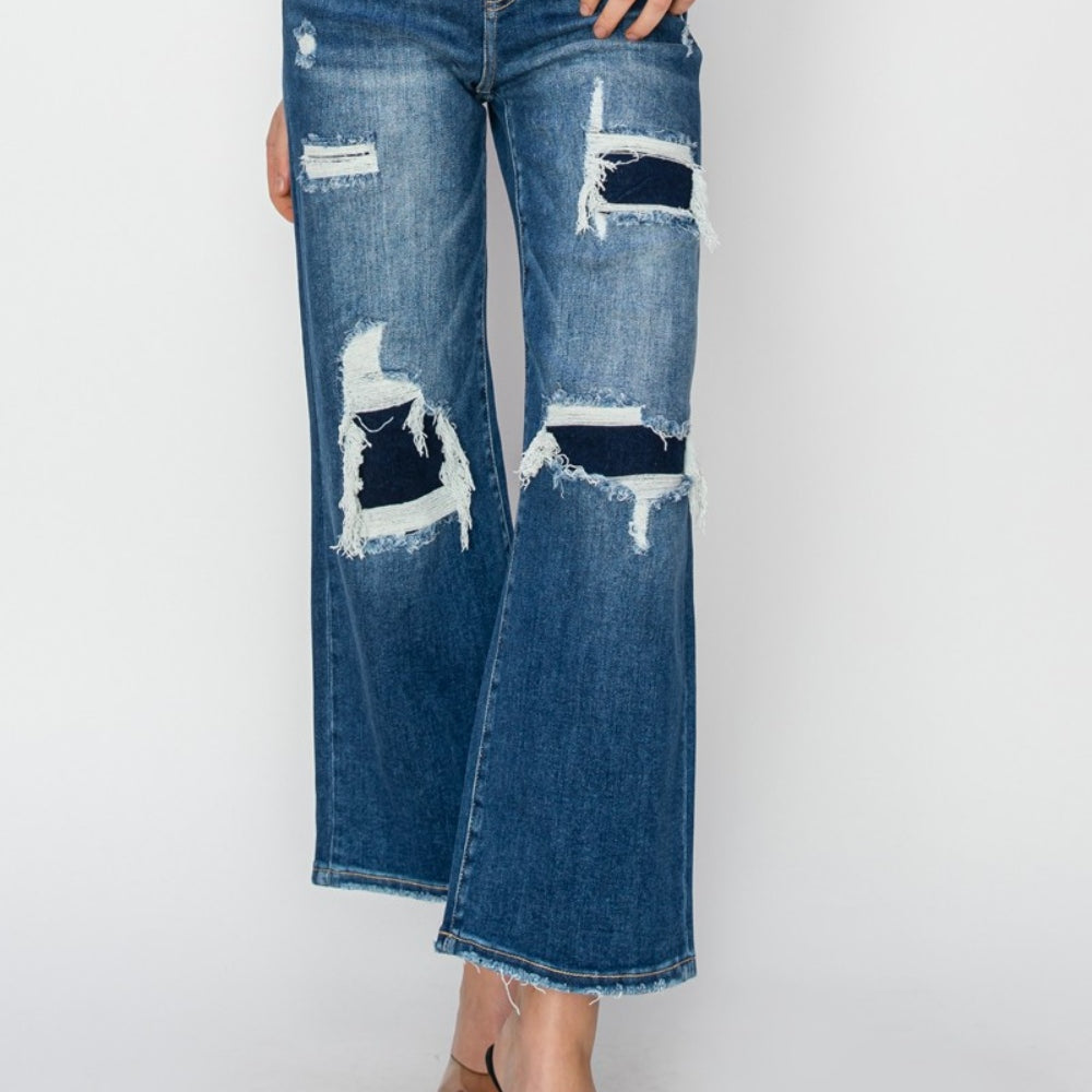 
                      
                        Risen Full Size High Rise Patch Detailed Wide Leg Crop Jeans
                      
                    