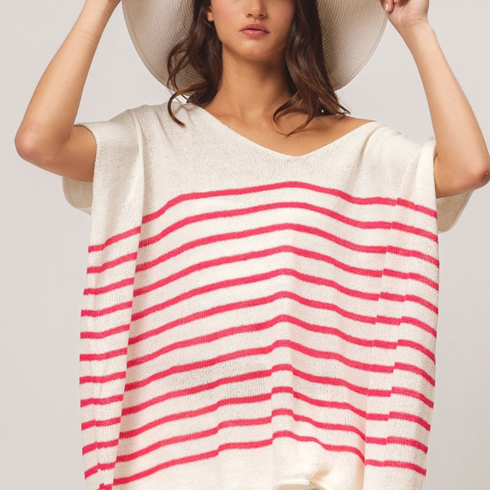 V Neck Striped Short Sleeve Top