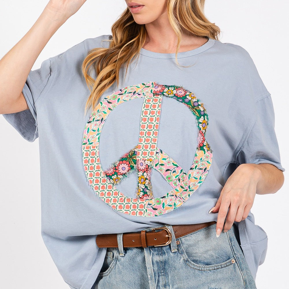 Peace Sign Round Neck Half Sleeve T-Shirt