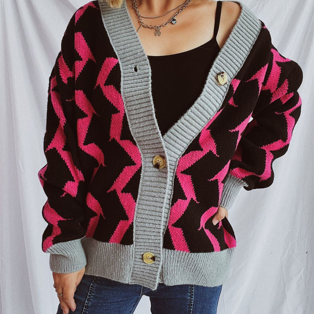 
                      
                        Contrast Trim Geometric V-Neck Long Sleeve Cardigan
                      
                    