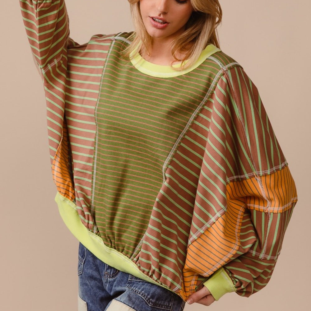 Color Block Striped Round Neck Sweatshirt