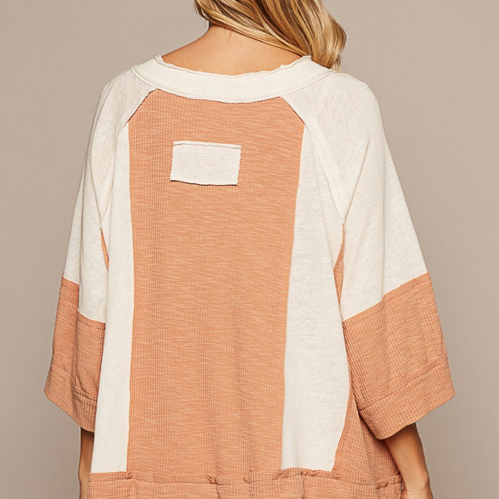 Notched Frayed Edge Contrast Top