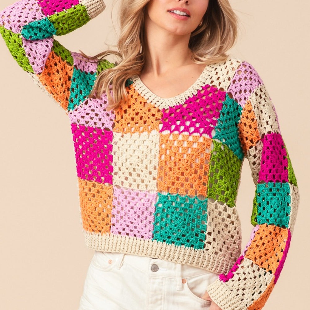 Multi Color Checkered Long Sleeve Knit Top