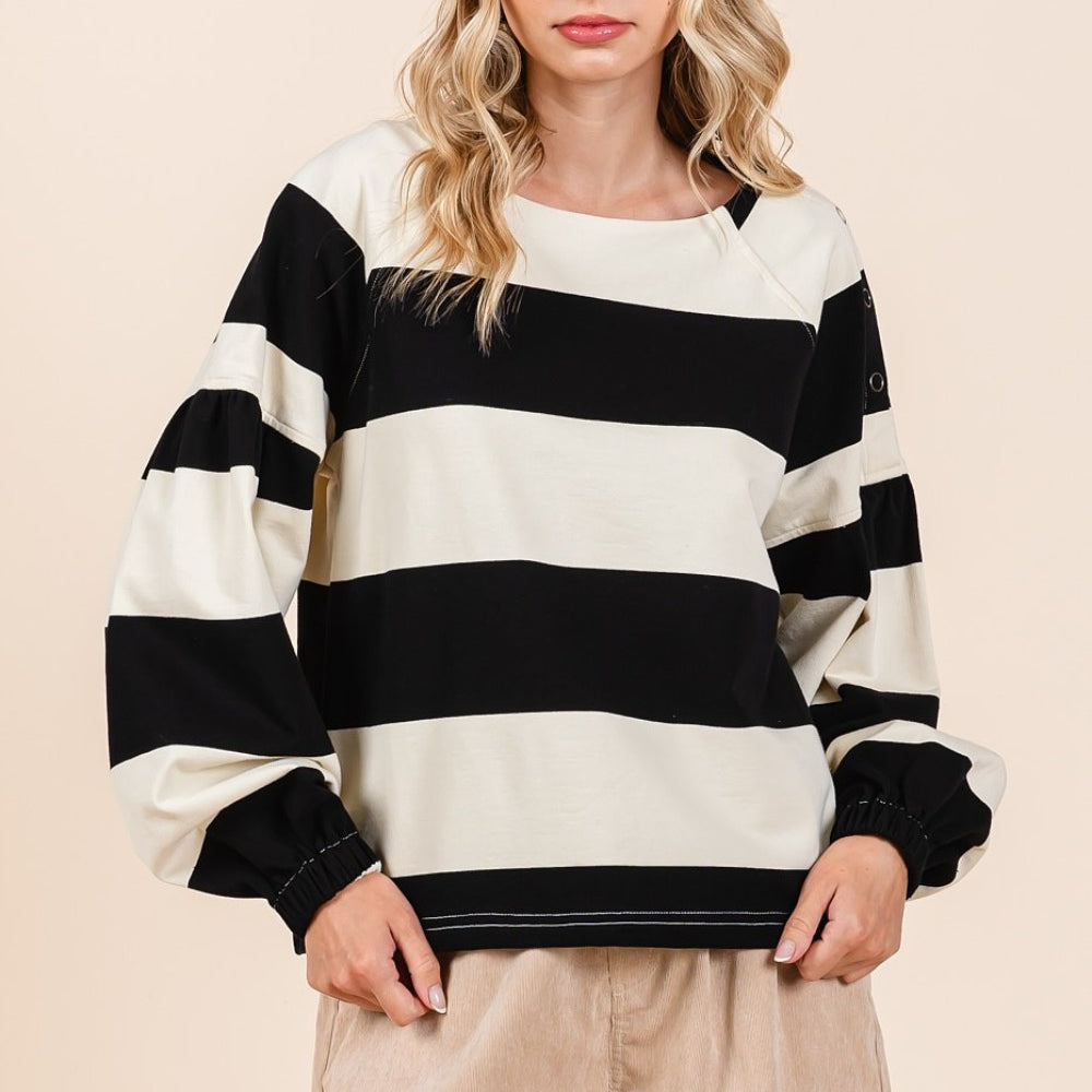 Striped Snap Shoulder Long Sleeve T-Shirt