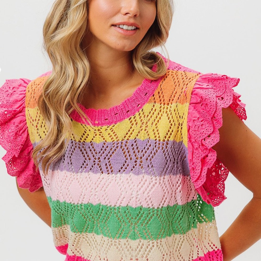 
                      
                        Pointelle Striped Ruffled Knit Top
                      
                    