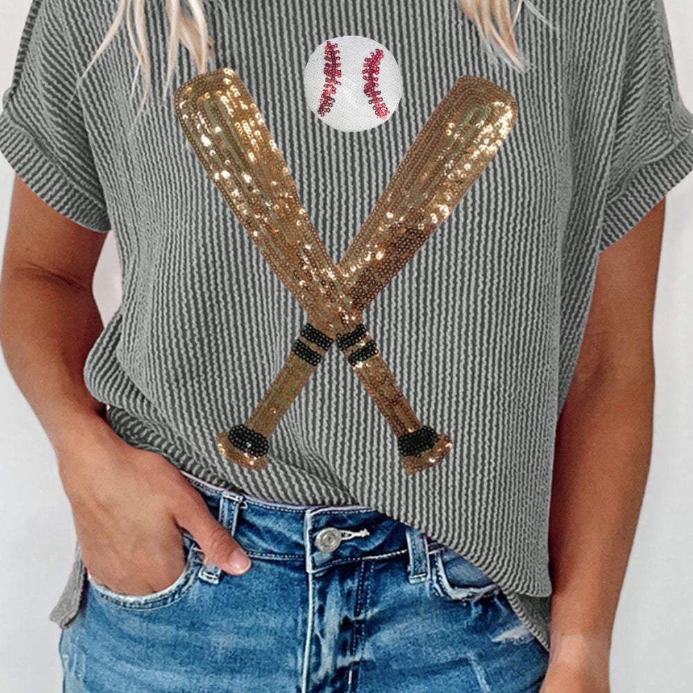 Sequin Baseball Round Neck Short Sleeve T-Shirt