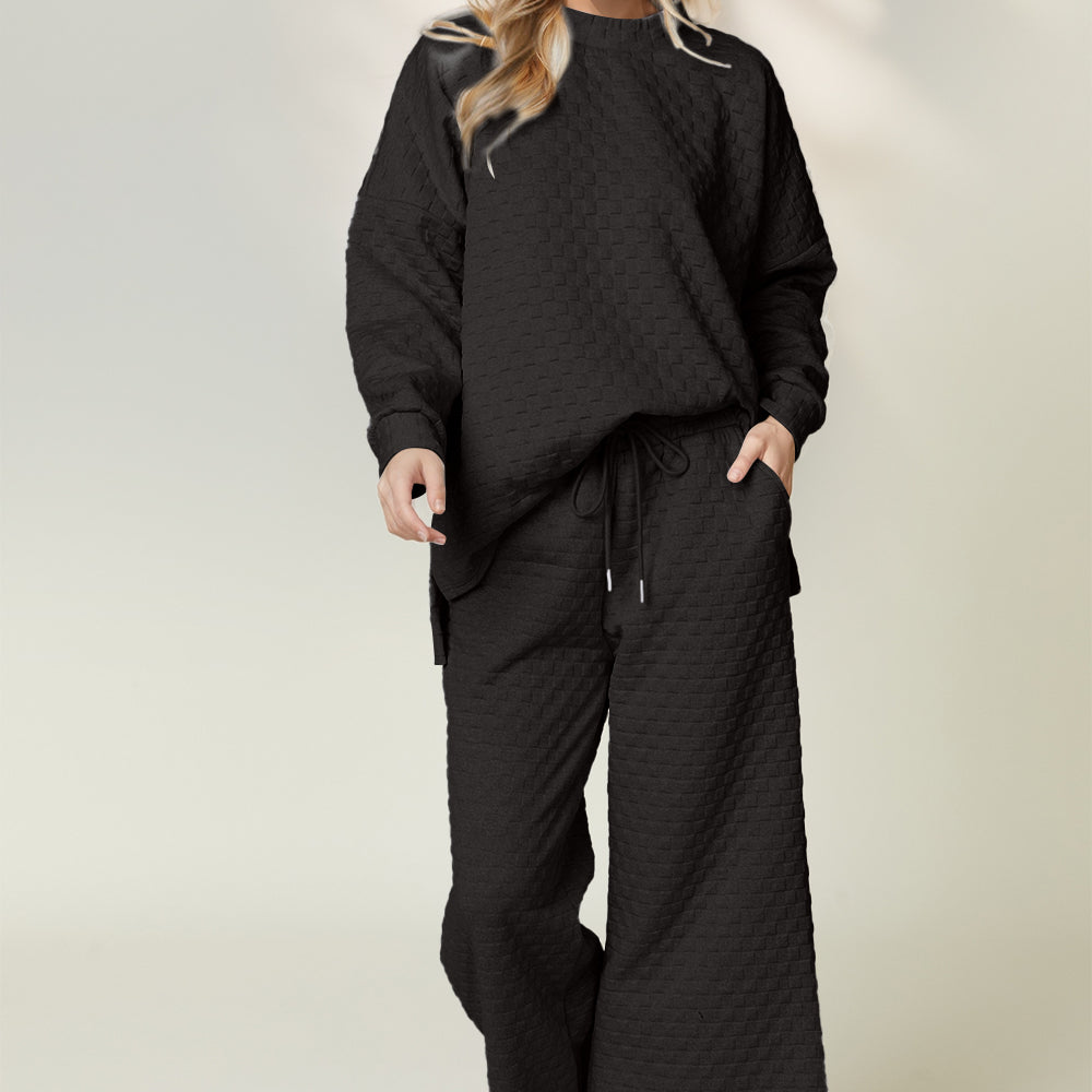 Checkered Slit High-Low Round Neck Top and Wide Leg Pants Set