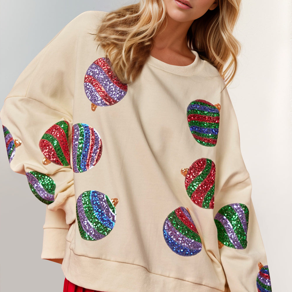 Christmas Element Sequin Round Neck Long Sleeve Sweatshirt