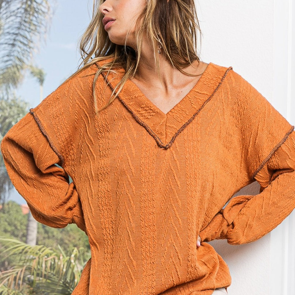 Textured Exposed Seam Drop Shoulder Knit Top