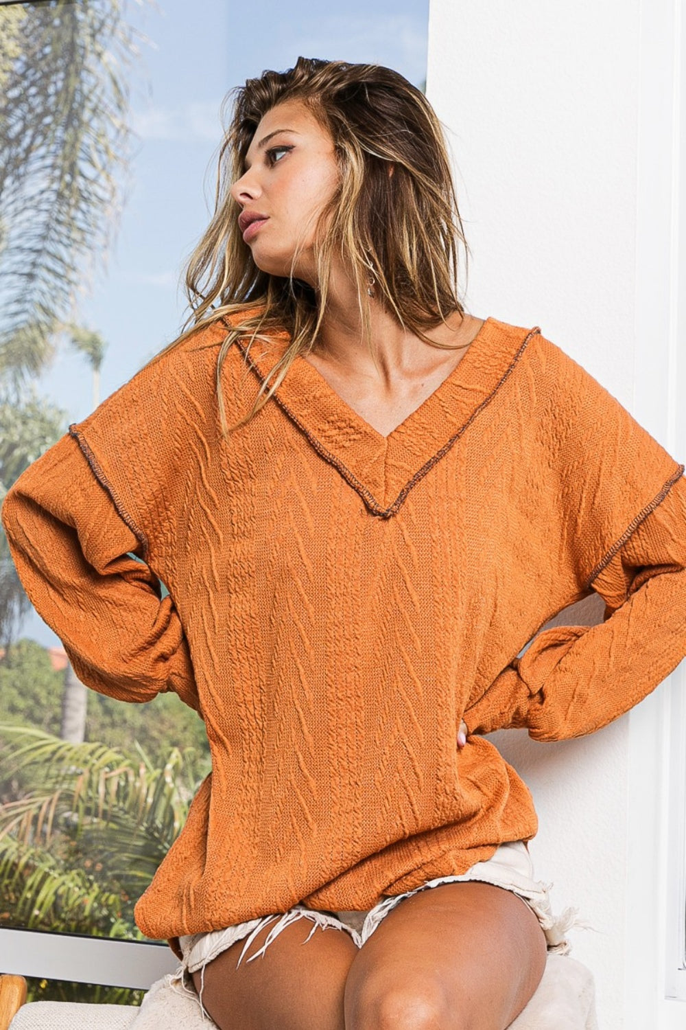 Textured Exposed Seam Drop Shoulder Knit Top