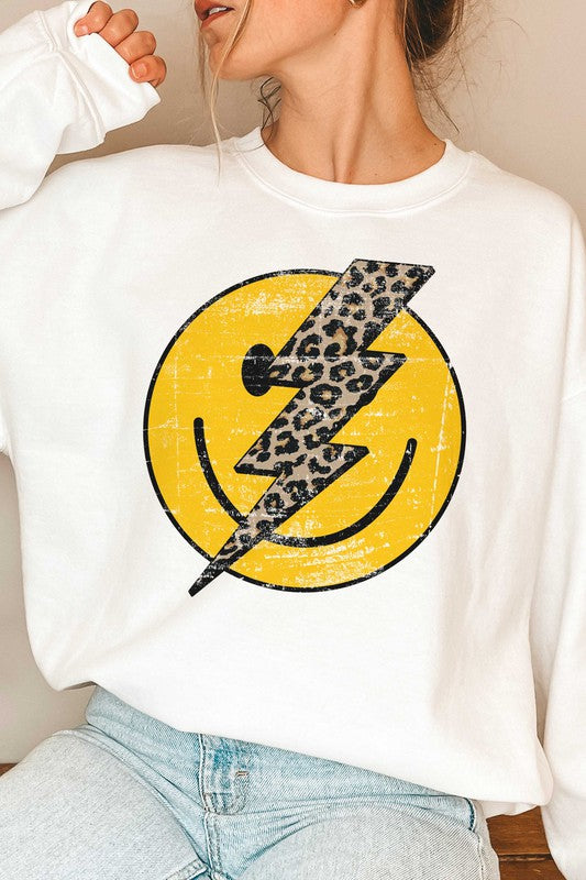 LEOPARD LIGHTNING HAPPY FACE GRAPHIC SWEATSHIRT