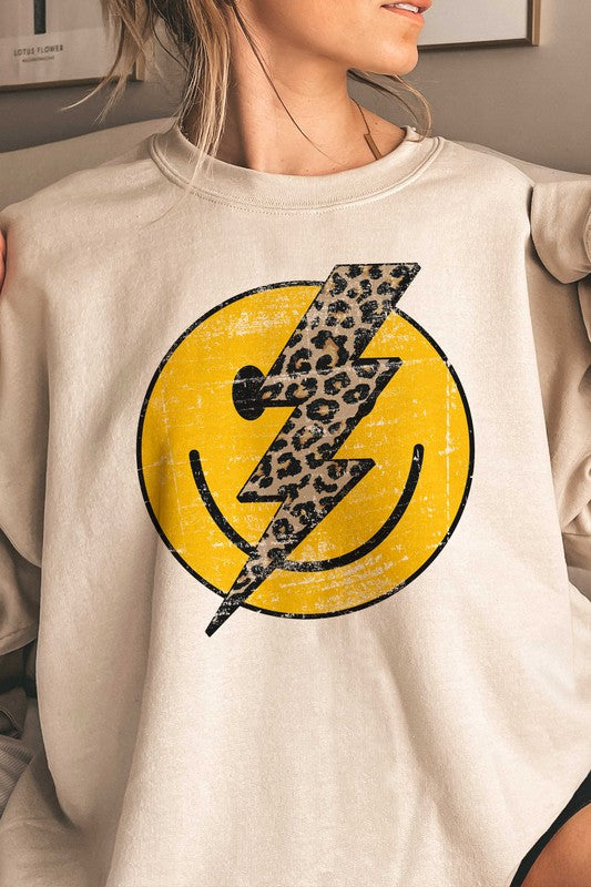 LEOPARD LIGHTNING HAPPY FACE GRAPHIC SWEATSHIRT