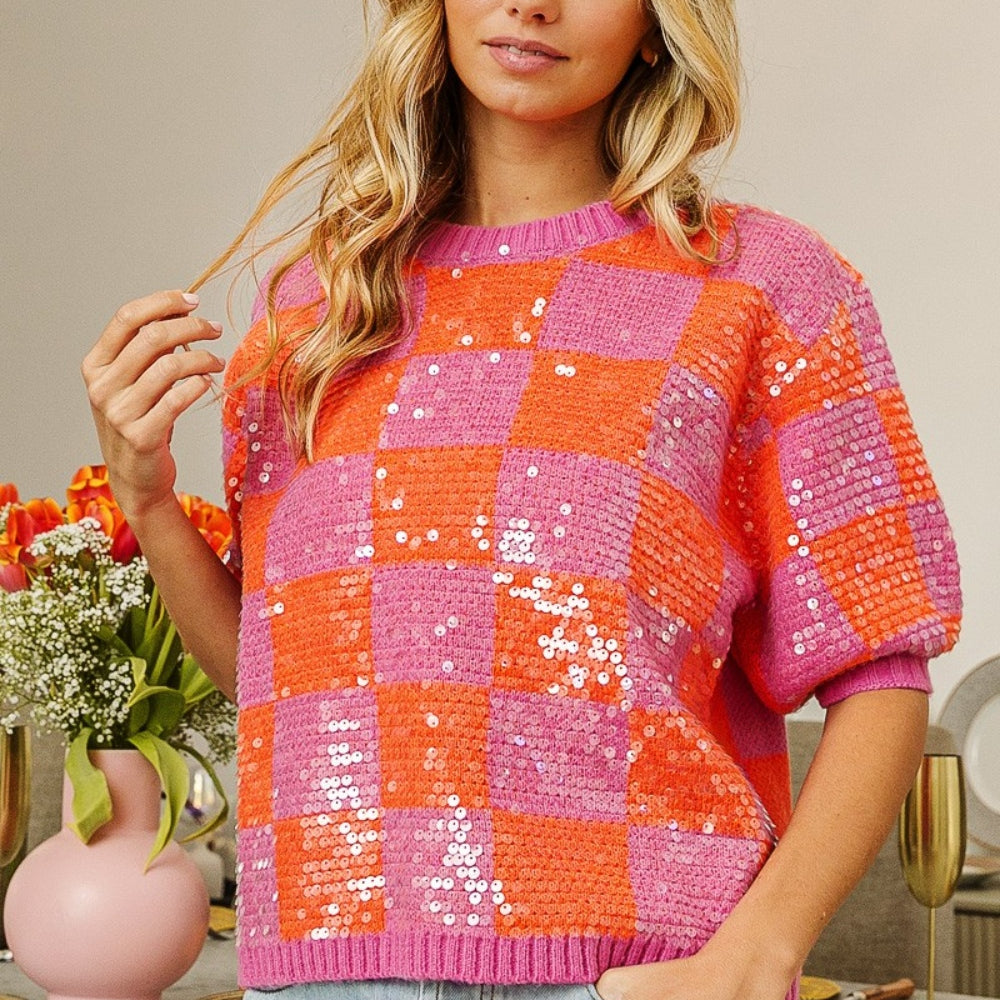 
                      
                        Checkered Short Sleeve Sequin Sweater
                      
                    