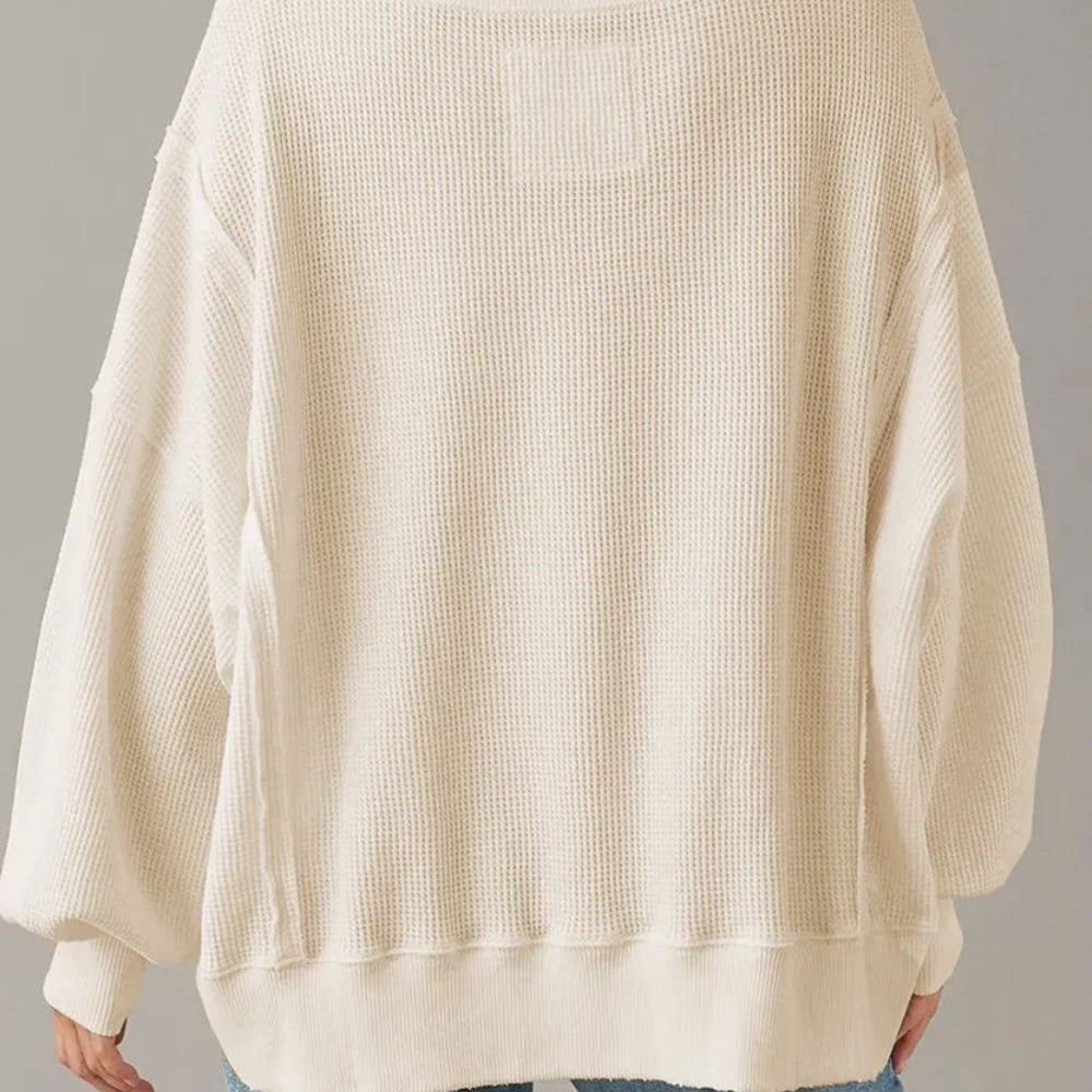 Slit Waffle-Knit Round Neck Long Sleeve Top