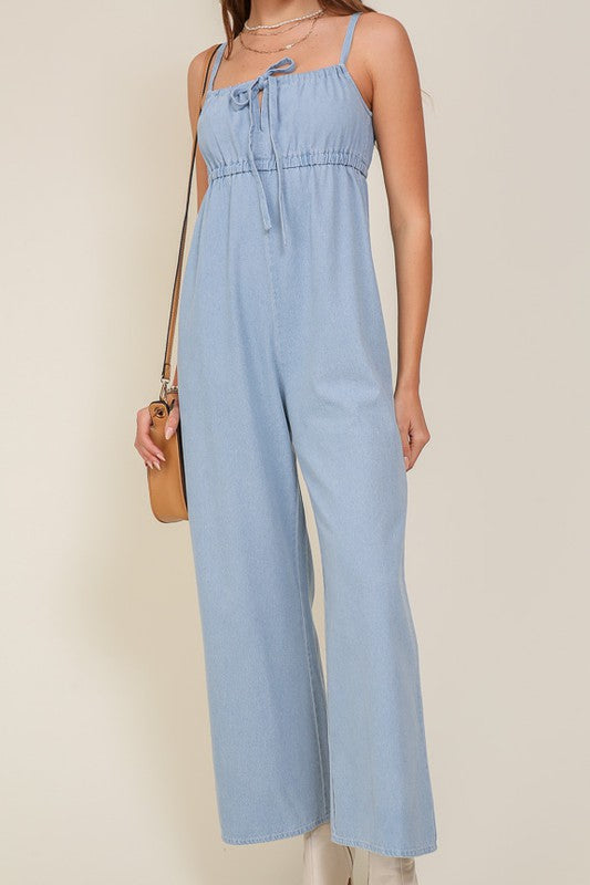 
                      
                        Denim Blue Sleeveless Jumpsuit With Self Jump Tie
                      
                    