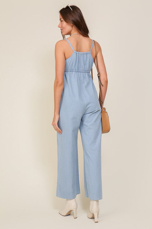 
                      
                        Denim Blue Sleeveless Jumpsuit With Self Jump Tie
                      
                    