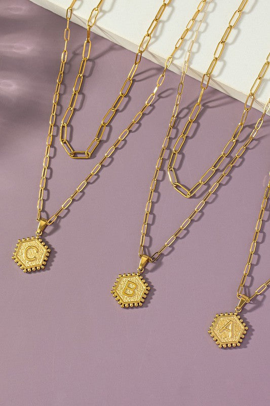 
                      
                        2 row brass double sided hexagon initial necklace
                      
                    