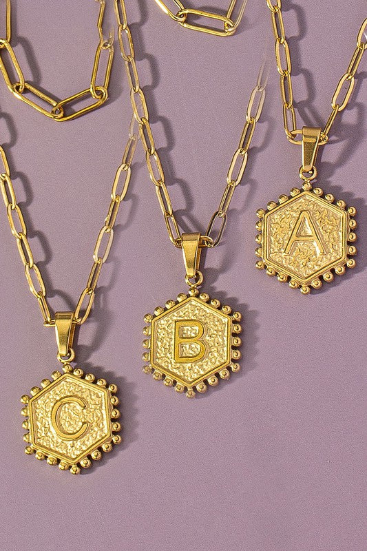 
                      
                        2 row brass double sided hexagon initial necklace
                      
                    