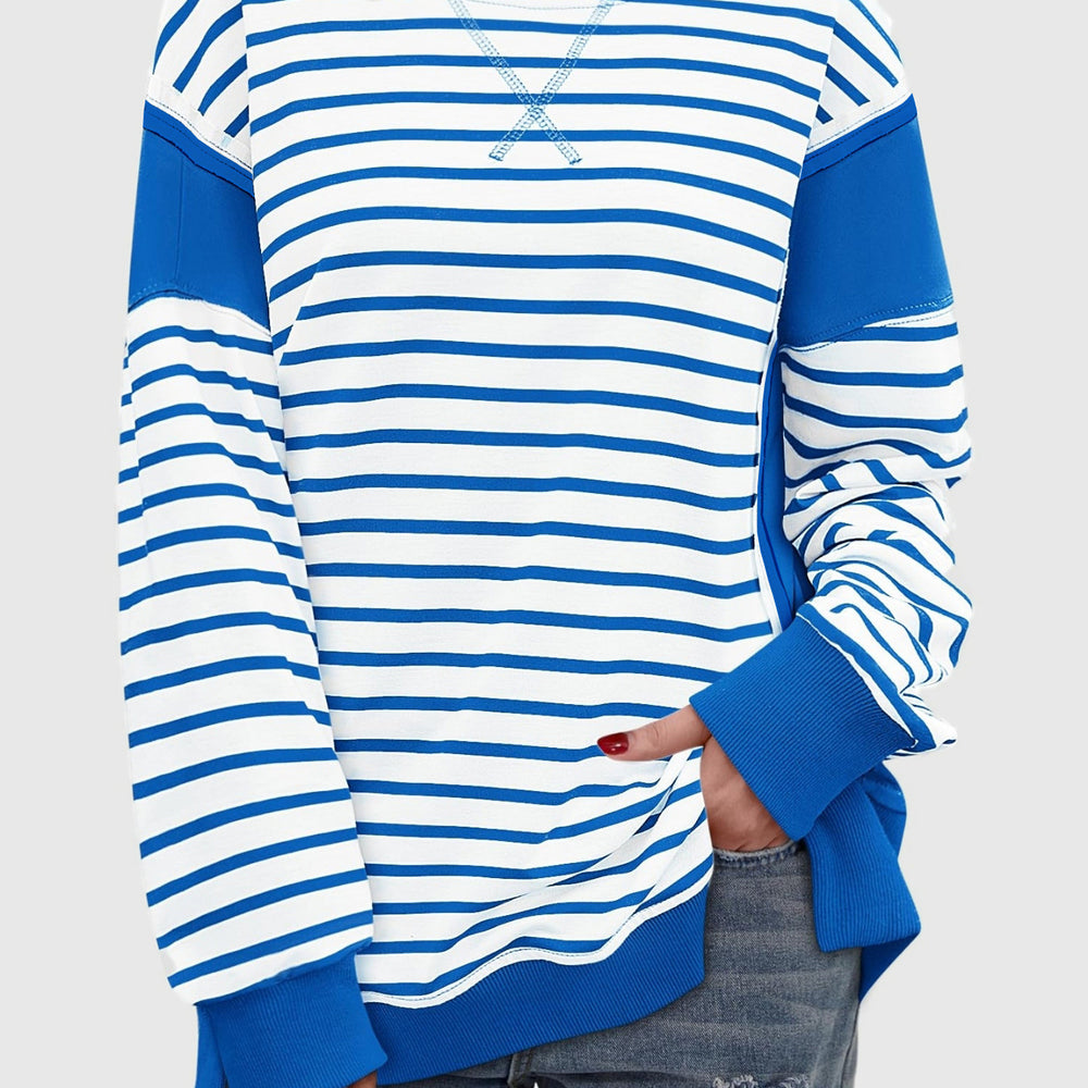 
                      
                        Slit Exposed Seam Striped Long Sleeve Sweatshirt
                      
                    