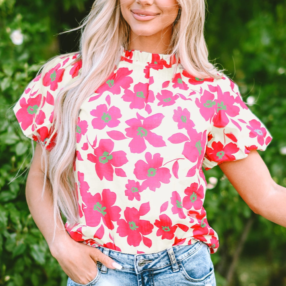 
                      
                        Printed Mock Neck Puff Sleeve Blouse
                      
                    