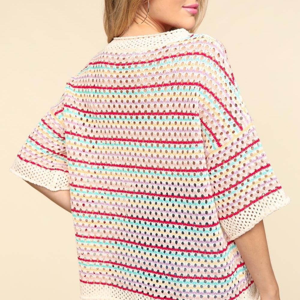 Striped Crochet Drop Shoulder Knit Top