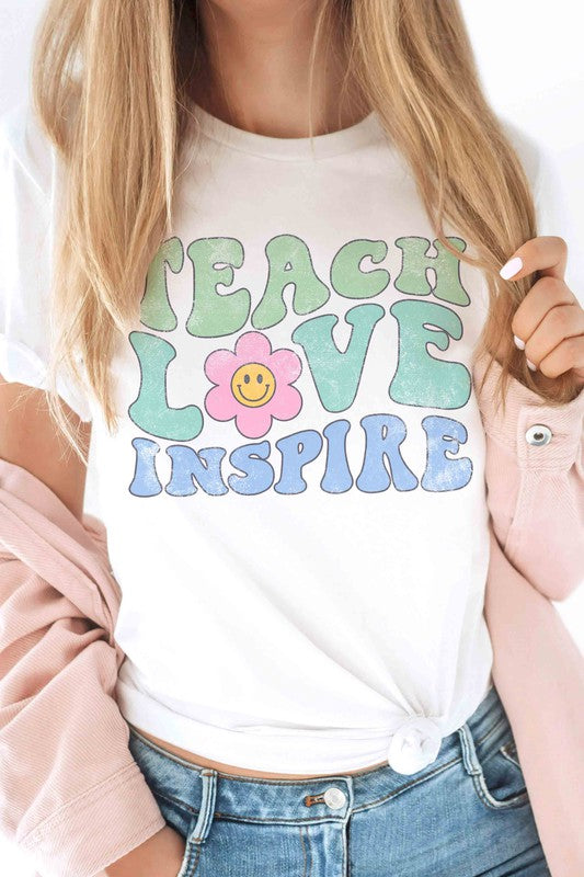 TEACH LOVE INSPIRE DAISY HAPPY FACE GRAPHIC TEE