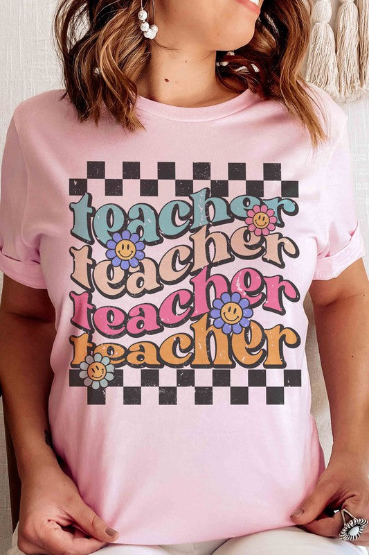 
                      
                        RETRO CHECKER TEACHER REPEAT GRAPHIC TEE
                      
                    