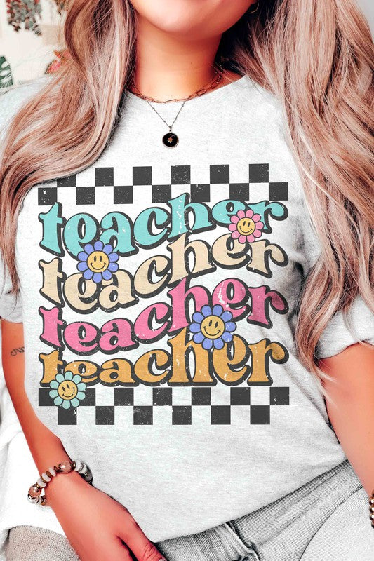 
                      
                        RETRO CHECKER TEACHER REPEAT GRAPHIC TEE
                      
                    