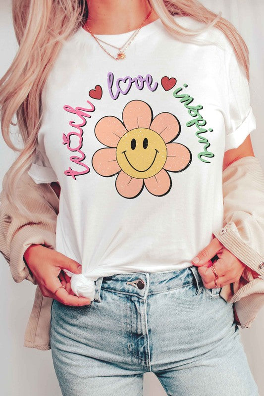 TEACH LOVE INSPIRE DAISY HAPPY FACE GRAPHIC TEE