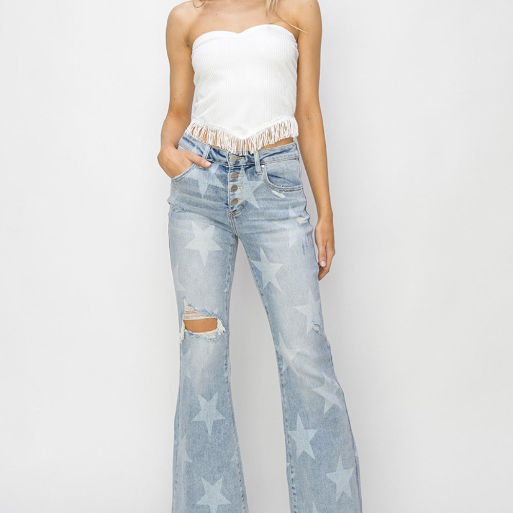 
                      
                        RISEN Mid Rise Button Fly Start Print Flare Jeans
                      
                    