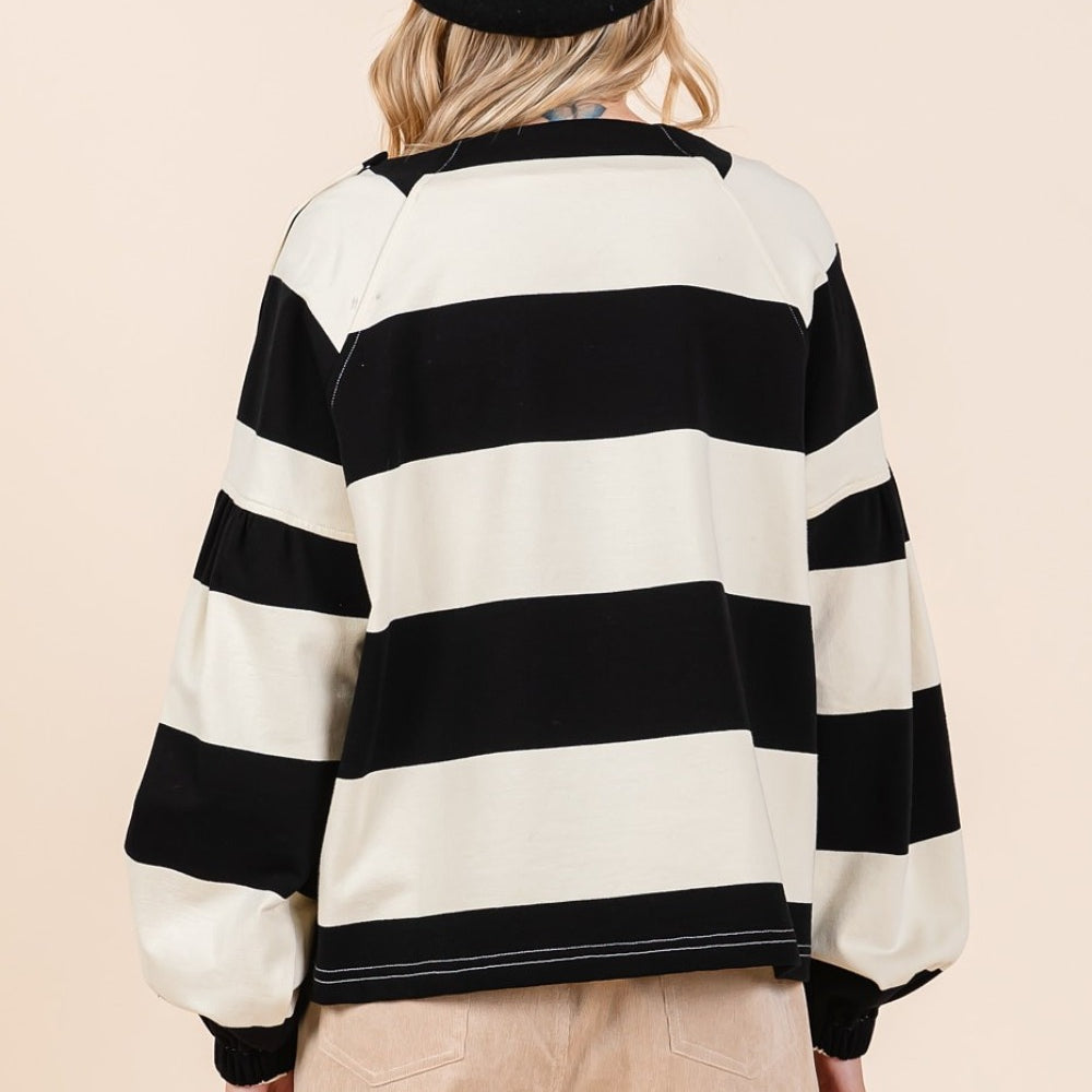 Striped Snap Shoulder Long Sleeve T-Shirt