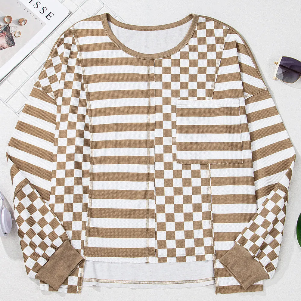 Checker & Stripes Round Neck Long Sleeve Blouse