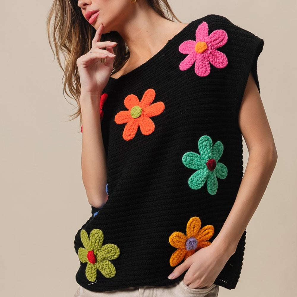 
                      
                        Flower Round Neck Cap Sleeve Knit Top
                      
                    