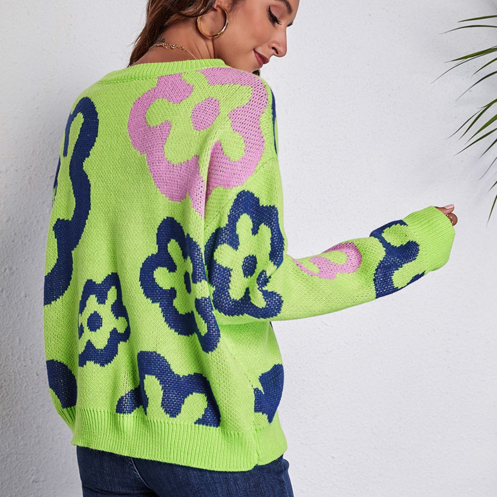 Flower Pattern Round Neck Long Sleeve Sweater